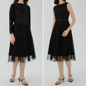 S. Deer Retro 2-Piece Checked Tulle Skirt Sweater Set Midi Dress Gray Size Small